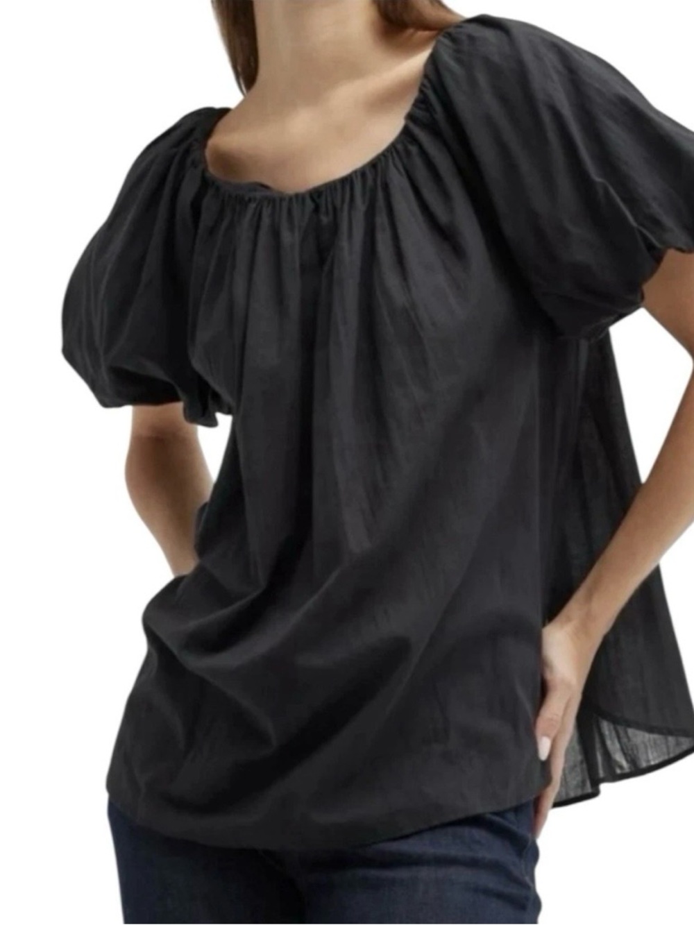 HARSHMAN Keiko Smocked Puff Bubble Sleeve Women Sm Black Blouse 100% Cotton NWT